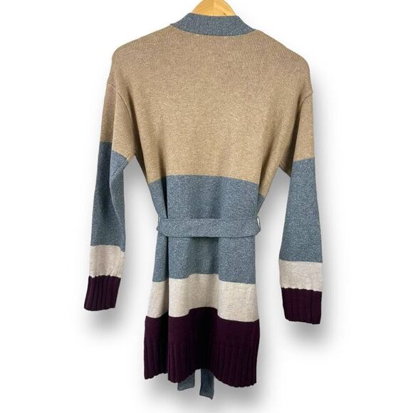 Loft Womens M Longline Belted Cardigan Sweater Neutral Chunky Colorblock Stripe - Picture 2 of 10